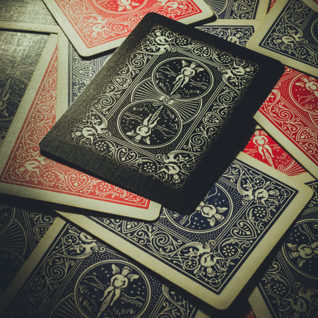 Russia, Saint-Petersburg, 12 June 2022: A black poker card on multicolored cards background....