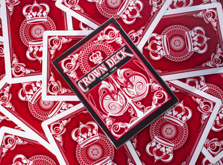 Background of playing cards Crown Deck. Background of red poker cards. Russia, Saint-Petersburg, 21 June 2022.のeditorial素材