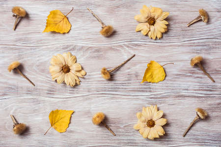 Autumn background. Pattern made of dried flowers and autumn leaves. Flat lay, top view. Autumn, fall concept.の写真素材
