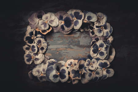 Dark autumn composition. Autumn frame of dried violas. Autumn background. Flat lay, top view, copy space.の写真素材