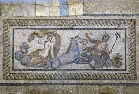Mosaic (Poseidon abducting Amphitrite with sea horse Hippokampos) in Hillside Houses (YamaÃ§ Evleri), Ephesus, Izmir, Turkeyのeditorial素材