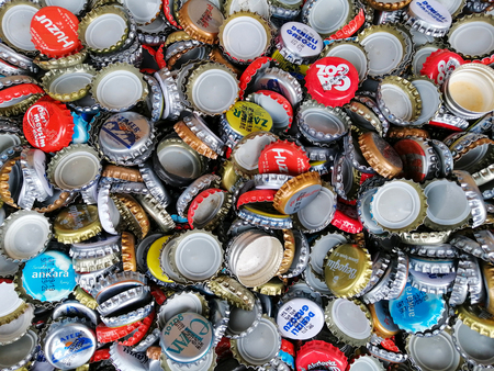 Istanbul, Turkey - Oct 7, 2019: Lots of crown cap in close up view on Oct 7, 2019.のeditorial素材