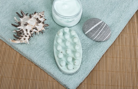 Set of body care - Massage Soap Scrub on a towel. の写真素材