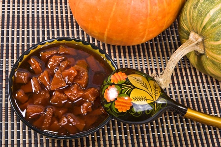 Still life of pumpkin jam and a pumpkin.の写真素材