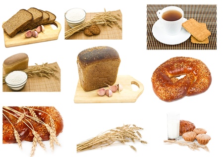A lot of different samples with bread and cereals.の写真素材