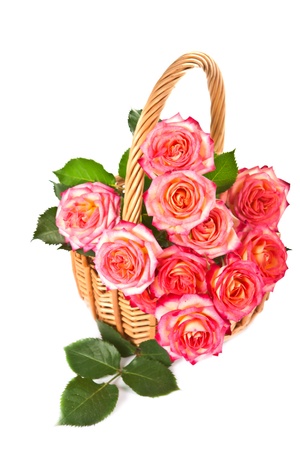 Bouquet of beautiful color of roses in a basket on a white background の写真素材