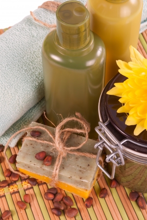 Set of Spa procedures with natural soap and scrub on the basis of the nuts of the Siberian pine.の写真素材