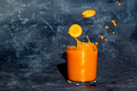 Fresh Carrot slices falling in a glass with carrot juice. splash in glass on a dark background