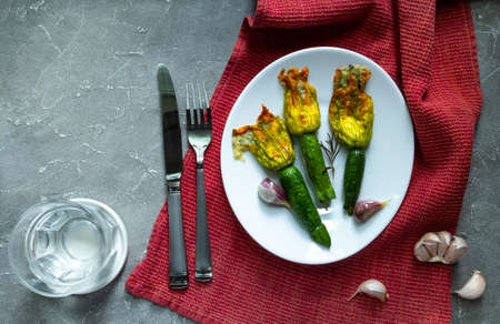 Fried Zucchini Flowers Stuffed with cream cheese with garlic. Copy spaceの写真素材