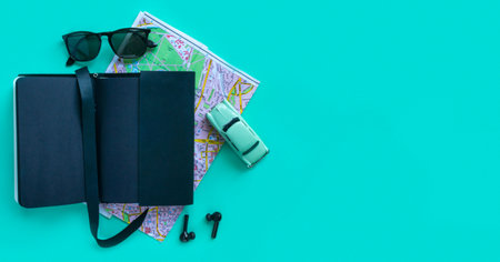 Fashion men accessories and devices on turquoise background. View from top, Flat lay and copy space