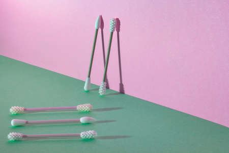Multicolored Reusable Cosmetic Silicone Cotton Swabs. Zero waste concept.の写真素材