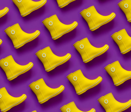 Modern pattern of yellow rain boots on purple backgroundの写真素材