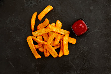 Spiced french potatoes and ketchup on a dark backgroundの写真素材