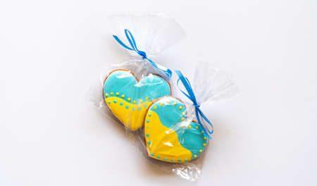 gingerbread cookies with ukrainian flag on whiteの写真素材