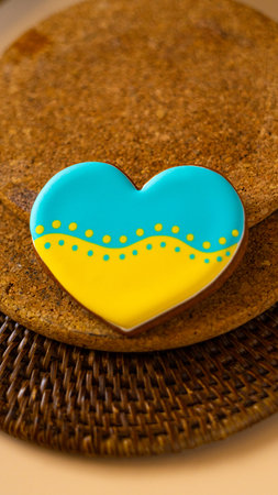 gingerbread heart shaped cookie with ukrainian flag