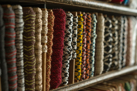 multi-colored braid on the counter of the store for decoration, sewing and needlework