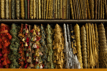 multi-colored braid on the counter of the store for decoration, sewing and needlework
