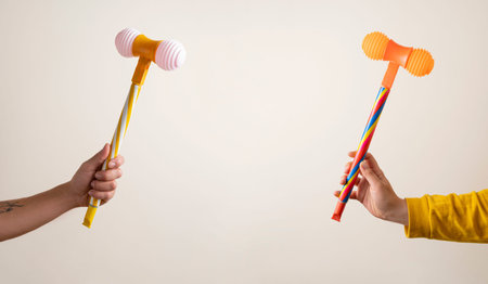 Hands with toy hammers against light backgroundの写真素材