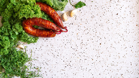 Stone kitchen table with Ingredients for Portuguese soup called Caldo Verdeの写真素材