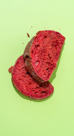 Beetroot purple bun slices on green background.