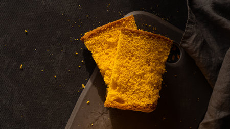 Two pieces of portuguese spongecake on dark backgroundの写真素材