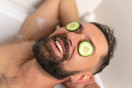 man with cucumber on front of his eyes relaxing in bath at homeの写真素材