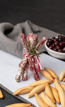 Spanish mini fuet, olives and picosの写真素材