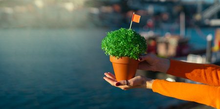 Manjerico in hands against river Douroの写真素材