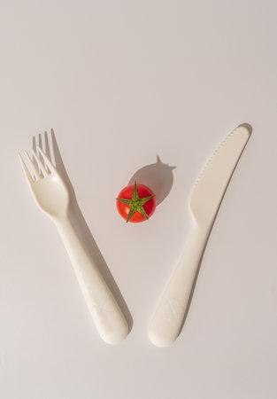 Single cherry tomato with knife and forkの写真素材