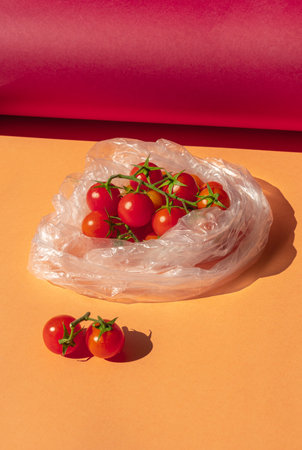 The cherry tomatoes in a transparent plastic bag.の写真素材
