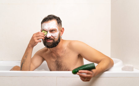 Funny man with cucumber and beauty mask on face in bath at home