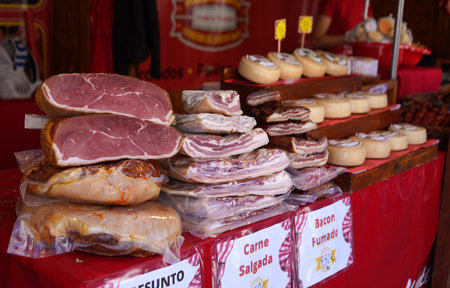 Traditional presunto ham sold at farmers market stallのeditorial素材