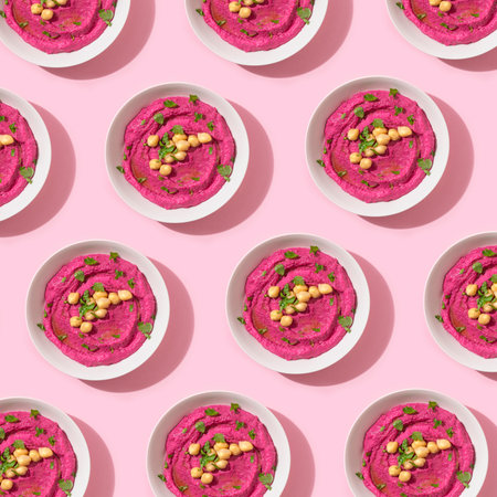 Pattern with beetroot hummus on pink background, top view