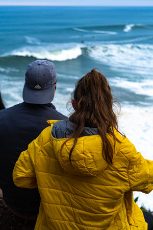 Nazare, Portugal - 08.12.2022: People are watching the Nazare Surfing Challengeのeditorial素材