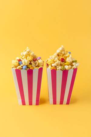 Two striped carton buckets with caramel popcorn and dragee candies on yellow backgroundの写真素材