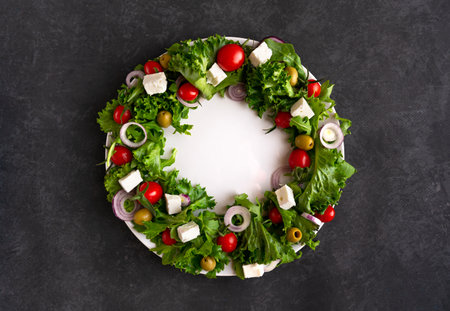 Christmas wreath salad on dark backgroundの写真素材