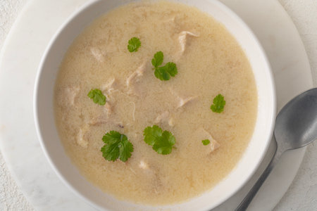 Georgian traditional chicken soup Chikhirtma in the white plate, flat layの写真素材
