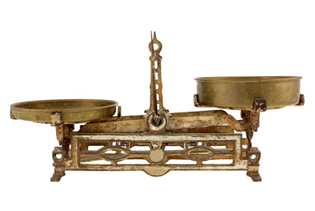 Old balance isolated on white background. Intentional shallow depth of field. Studio work. の写真素材