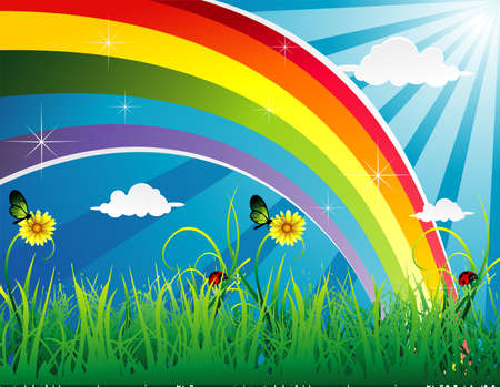 rainbow in a landscape vectorのイラスト素材