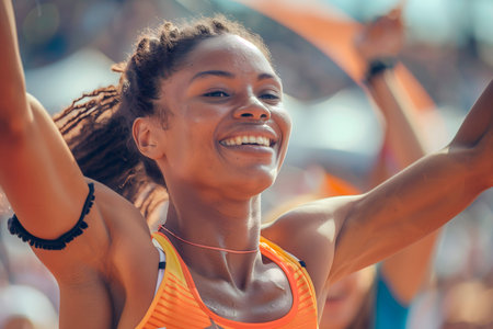 Woman athlete raising her arms in victory in athletics