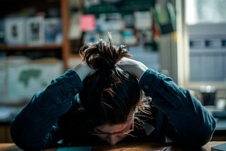Stressed young woman sitting at her desk in the office with her head in her handsの素材