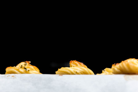 View of a souffle, new concept of kitchen. Salted potato paste souffle seasoned with fine herbs,...