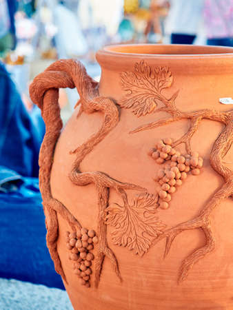 Different handmade ceramic pots to sell painted. Handmade. Unique. english pottery fairの写真素材