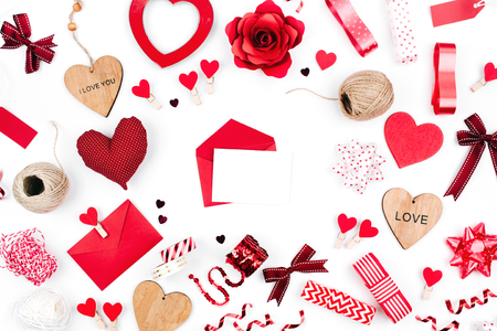 Valentine card with  Red decoration. Love letter mockupの写真素材