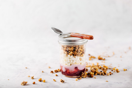 Healthy breakfast overnight oats with  in a glass jarの写真素材