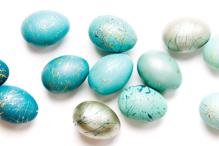 Group ombre blue Easter eggs isolated on white background. Dyed Easter eggsの写真素材