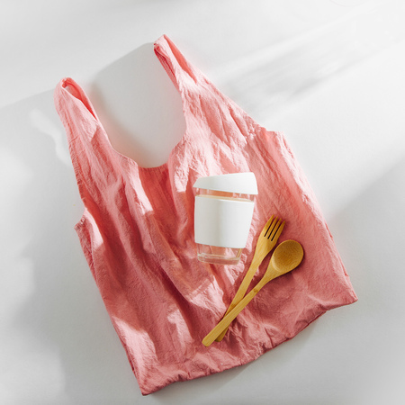Eco friendly. Cloth shopping bag,  bamboo cutlery and  reusable coffee mug. Sustainable lifestyle.  Plastic free concept.の写真素材
