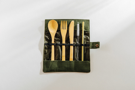 Eco friendly bamboo cutlery set. Zero waste, plastic free concept.の写真素材