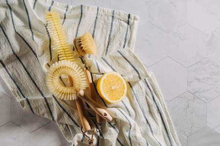 Natural cleaning products lemon  with bamboo dish brushs. Eco friendly. Zero waste concept. Plastic free.の写真素材