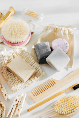 Eco natural bathroom accessories, natural cosmetics products and tools. Zero waste concept. Plastic free. Flat lay, top viewの写真素材